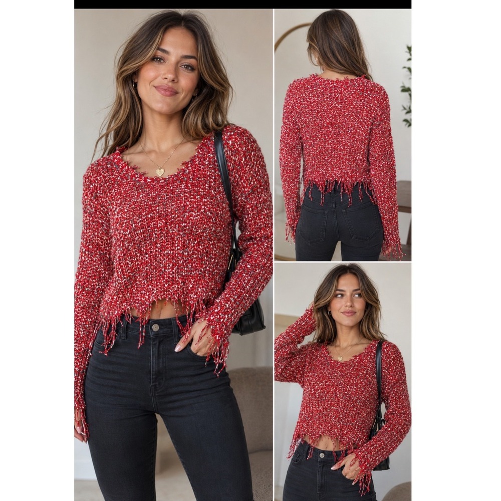 Polly & Esther NEW Red Multi Confetti Knit Cropped Fringe Sweater XS Rue21